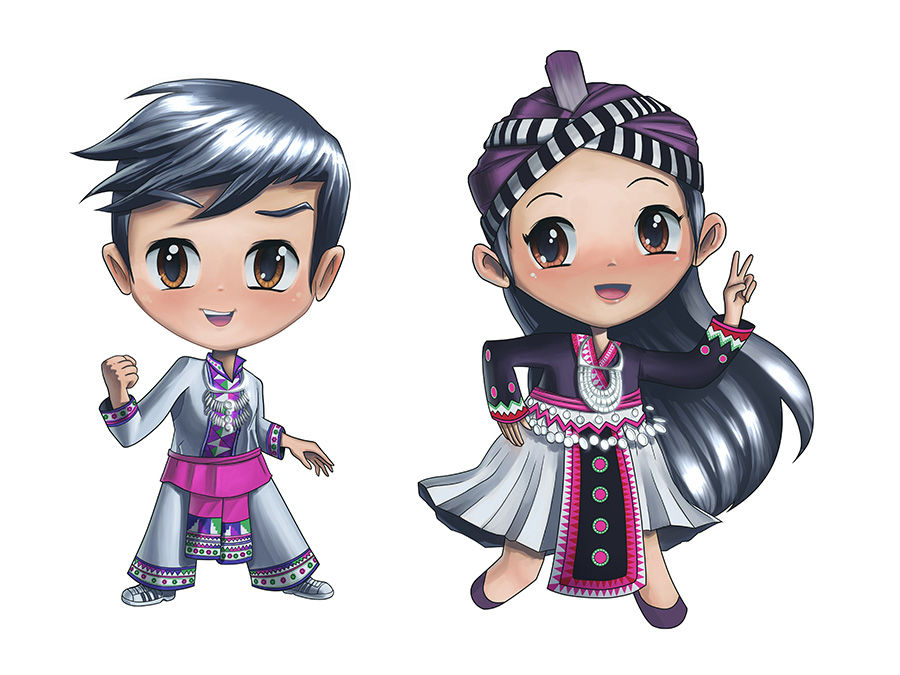Cartoon boy and girl wearing Hmong traditional outfits