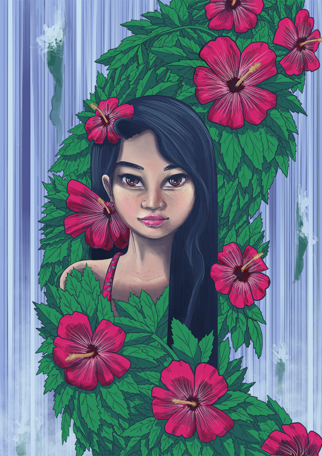 A Hawaiian girl with flowers and a waterfall background