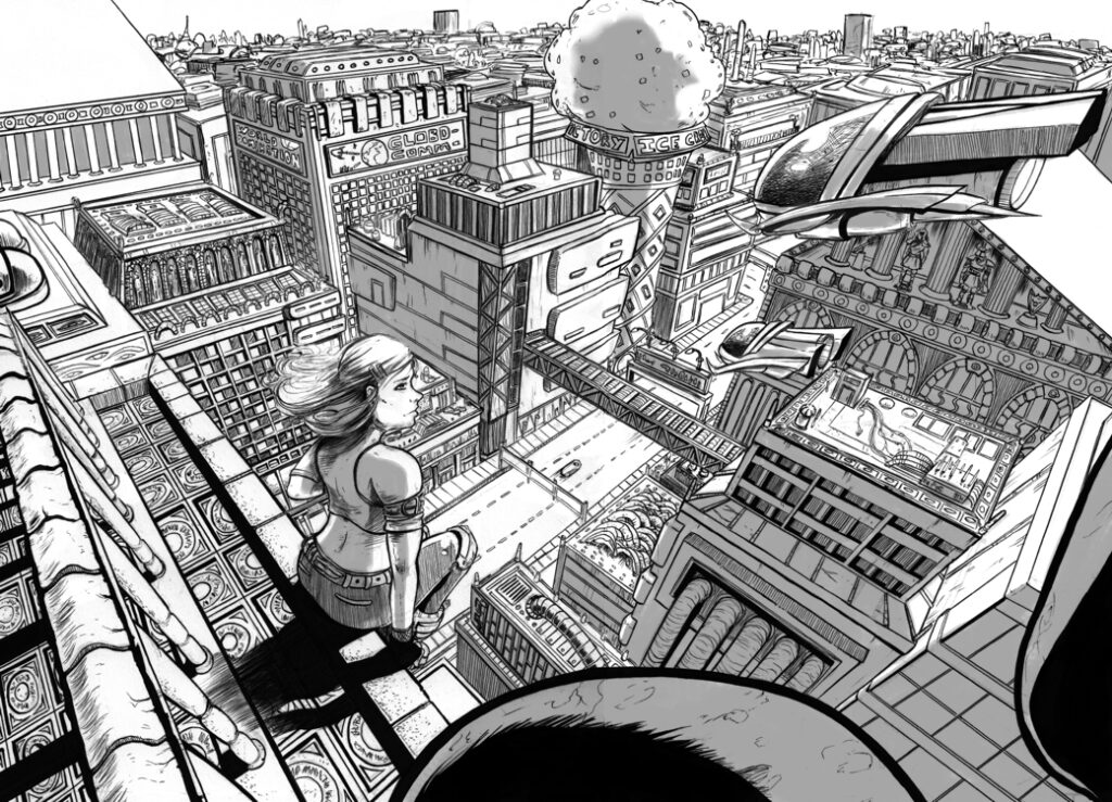 Futuristic cityscape drawn in black and white