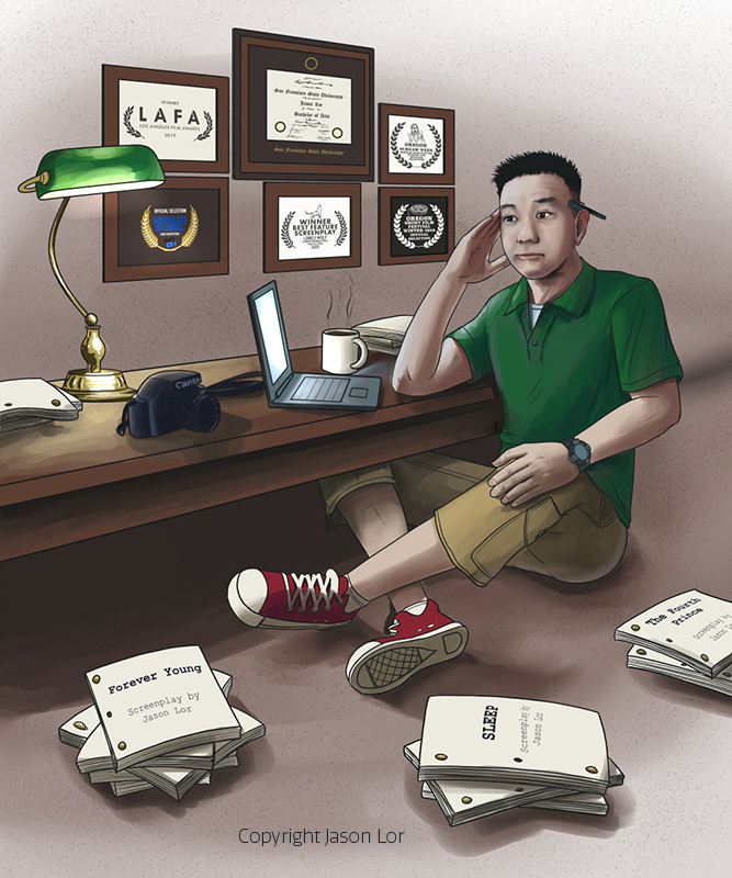 Illustration of Jason Lor at desk.