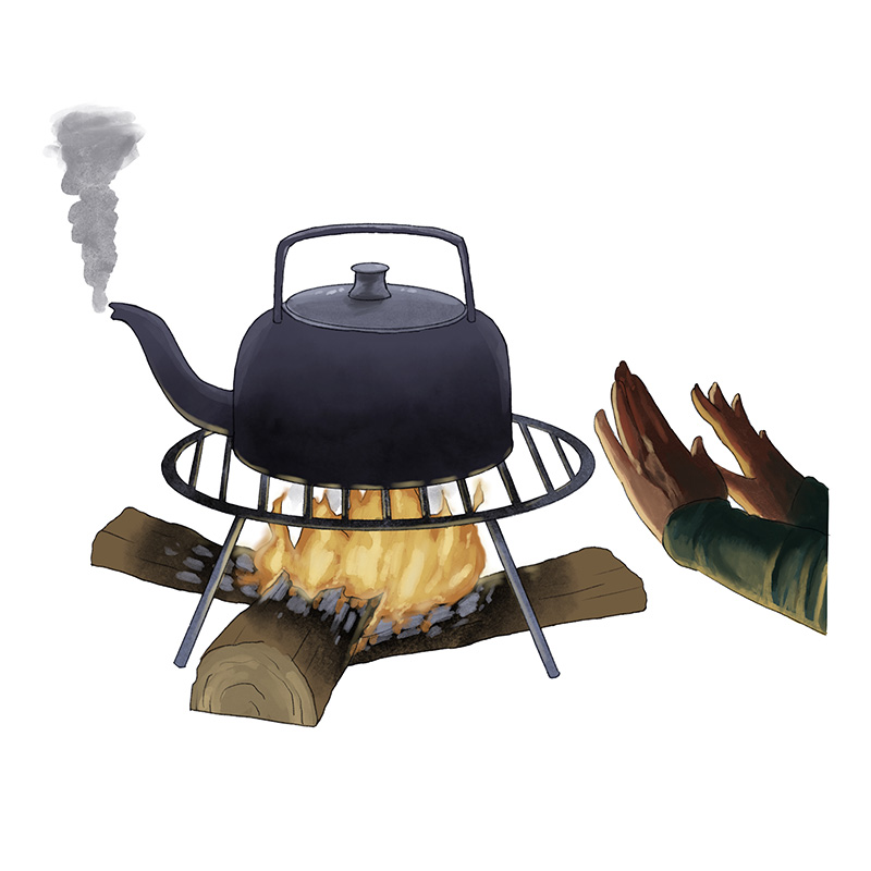 A kettle on a fire with a person warming their hands